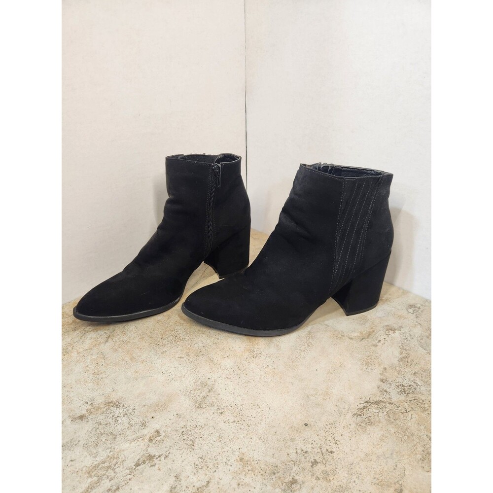 Women's size 10 Black Ankle Booties Textile Pointed Toe 3" Block Heel